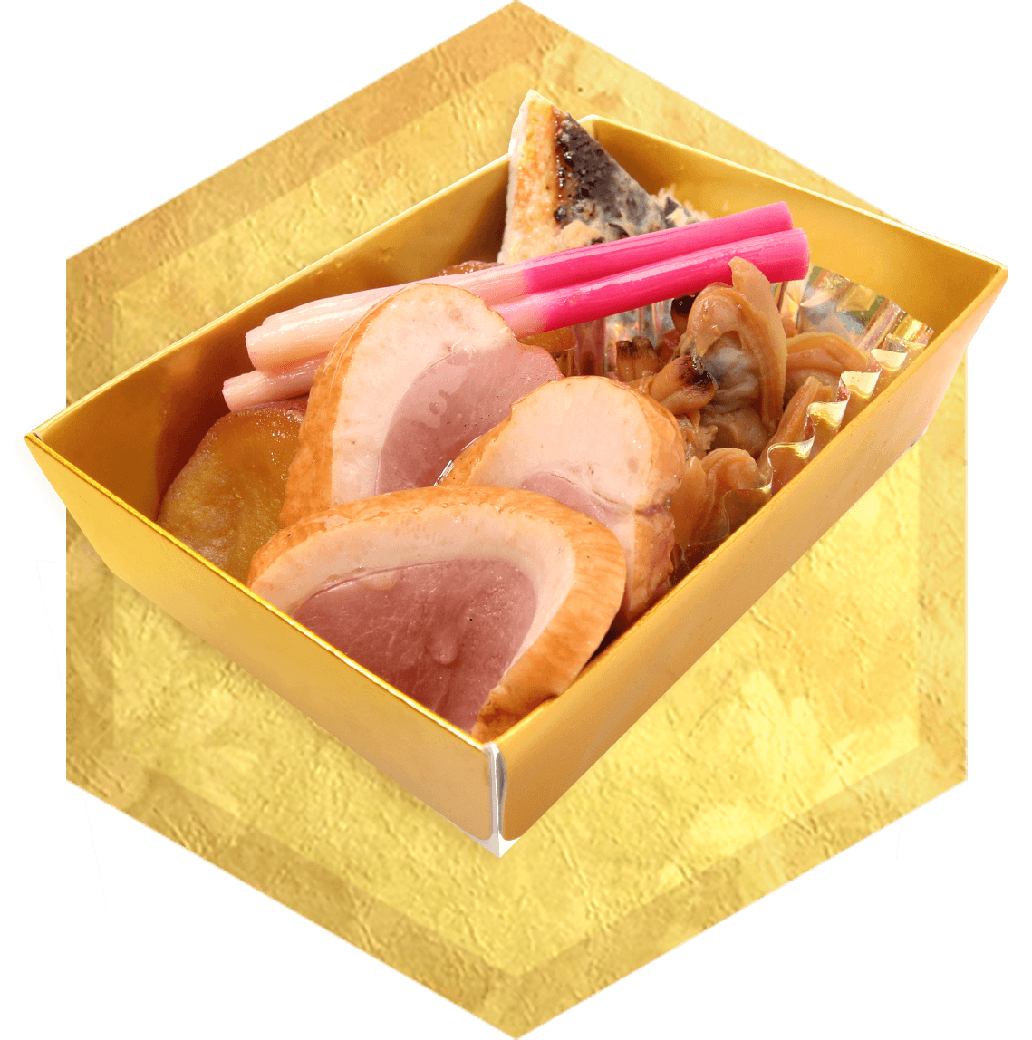 祝前菜 薩摩芋甘露煮、鰆西京焼き、合鴨の燻製、浅利時雨煮
